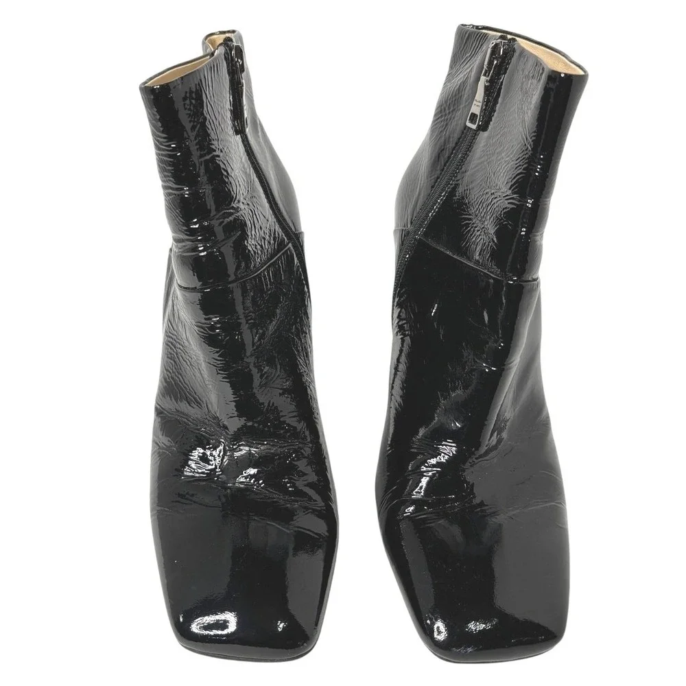 Prada Black Crinkled Patent Leather Square Toe Ankle Boots‎ 39 Heel 1I746L